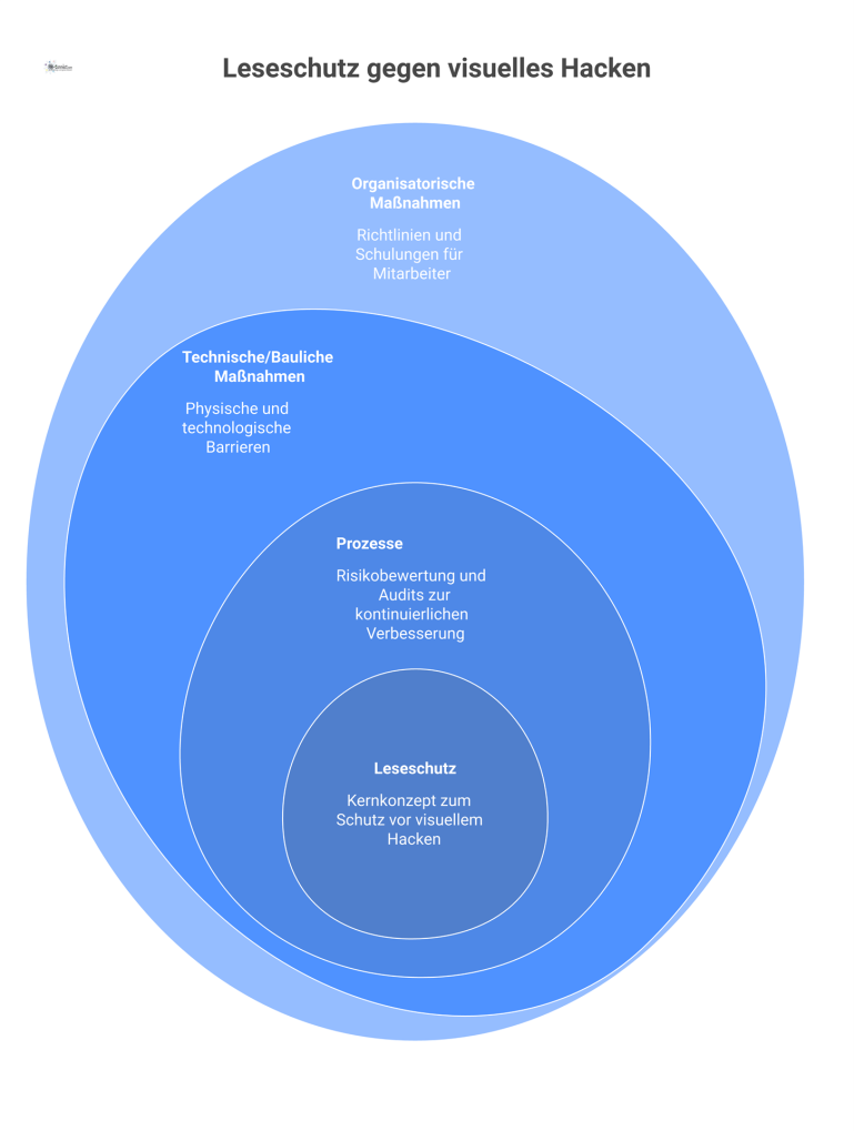 Infografik: Leseschutz gegen visuelles Hacken Infografik zum Leseschutz, unterteilt in drei Bereiche: organisatorische, technische/bauliche Maßnahmen und Prozesse gegen visuelles Hacken mit Beispielen.