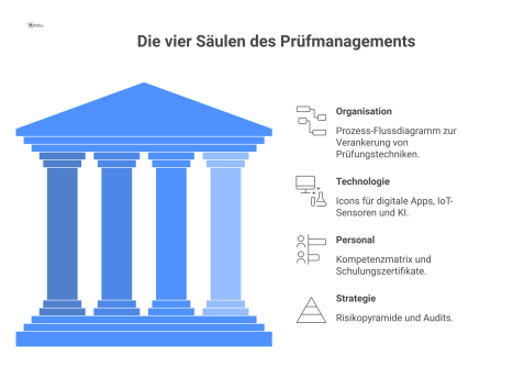 Infografik über die vier Säulen des Prüfmanagements: Organisation als Prozess-Flussdiagramm, Technologie mit Icons, Personal als Kompetenzmatrix und Strategie als Risikopyramide. 