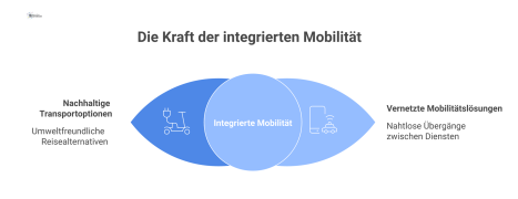 Infografik eines zentralen Mobility Hubs, der vernetzte Mobilitätsoptionen wie Carsharing, Fahrradverleih, E-Scooter, Ladesäulen und ÖPNV-Anbindung für Mitarbeiter visualisiert.