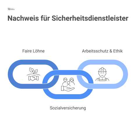 Infografik zur sozialen Verantwortung von Sicherheitsdienstleistern, gegliedert in die Kategorien faire Löhne, Sozialversicherung sowie Arbeitsschutz und Ethik. 