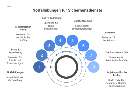 Hub-and-Spoke-Diagramm über Notfallübungen für Sicherheitsdienste mit Szenarien wie Brand, medizinischer Notfall, Bedrohung, Lockdown und technische Ausfälle. 