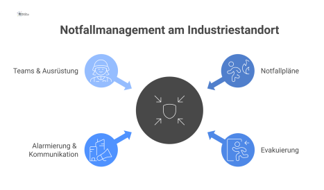 Infografik zum Notfallmanagement mit einem zentralen Schutzschild und vier Pfeilern: Notfallpläne, Evakuierung, Alarmierung und Kommunikation sowie Teams und Ausrüstung.