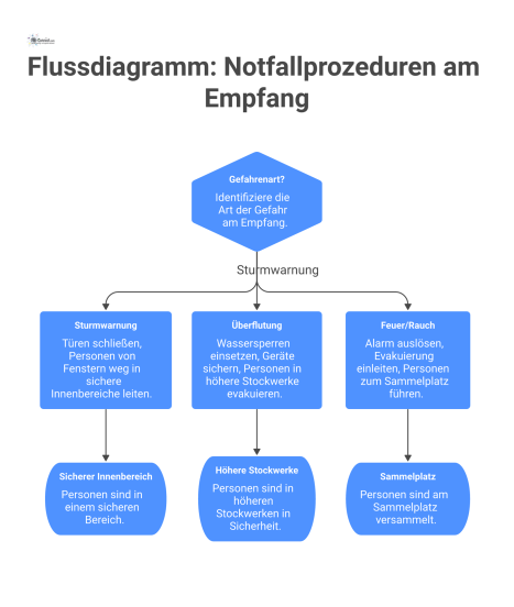 Ein Infografik-Flussdiagramm, das die Notfallprozeduren am Empfang bei Sturmwarnung, Überflutung und Feuer/Rauch mit den jeweiligen Handlungsschritten zeigt