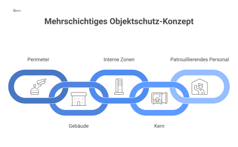 Infografik im Querschnitt, die ein Objektschutz-Konzept in vier Schichten zeigt: Perimeter, Gebäudehülle, interne Zonen und der Kern mit Tresor. 