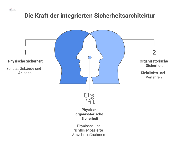 Eine ganzheitliche Sicherheitsarchitektur mit vier Säulen – physisch, organisatorisch, personell, technologisch – die den Kernbereich Standortsicherheit stützen. 
