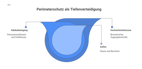 Infografik zeigt Perimeterschutz als drei konzentrische Ringe: Außen mit Zaun, Mitte mit Gebäudeeingang und Innen als Hochsicherheitszone.