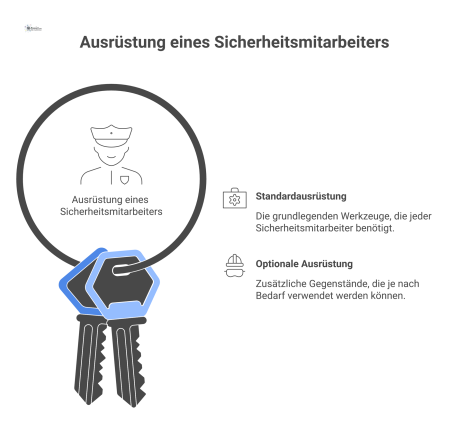 Infografik der persönlichen Ausrüstung eines Sicherheitsmitarbeiters, aufgeteilt in Standard- und optionale Gegenstände wie Funkgerät, Bodycam und Schutzhelm. 