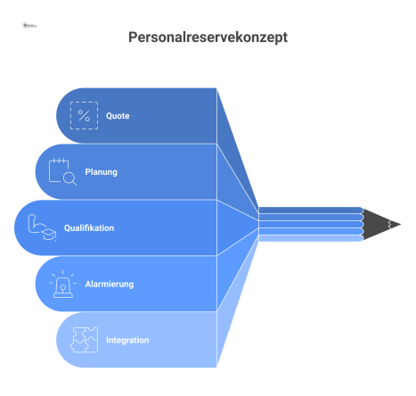  Infografik eines Personalreservekonzepts mit dem zentralen Knoten 'Lückenlose Personalsicherheit', verbunden mit fünf Satelliten für Quote, Planung, Qualifikation, Alarmierung und Integration. 