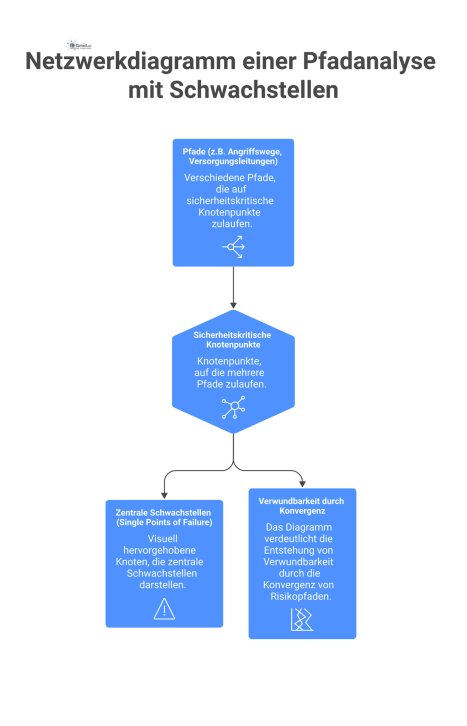 Netzwerkdiagramm, das zeigt, wie verschiedene Pfade auf sicherheitskritische Knotenpunkte zulaufen, die als zentrale Schwachstellen visuell hervorgehoben sind. 