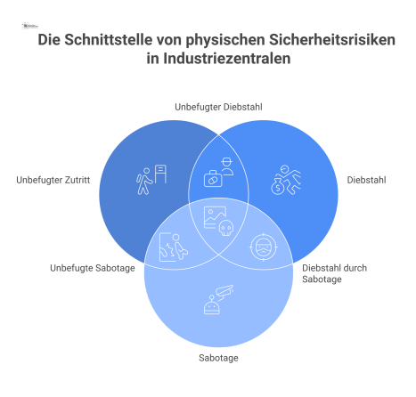  Infografik zu vier physischen Sicherheitsrisiken in einer Industriezentrale: unbefugter Zutritt, Diebstahl, Sabotage und Gewalt mit ihren potenziellen Auswirkungen.