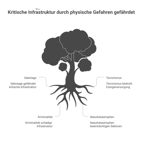 Mindmap zu physischen Gefahren für kritische Infrastruktur mit den Hauptzweigen Sabotage, Terrorismus, Kriminalität und Naturkatastrophen.