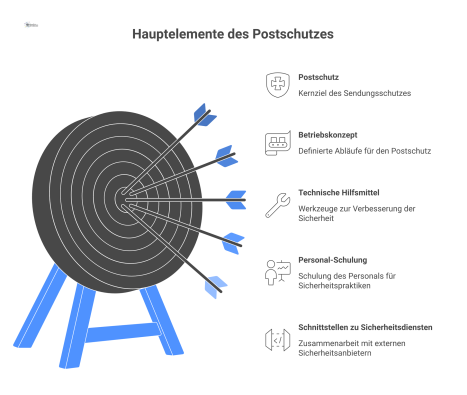 Diagramm zum Postschutz für Sendungen mit den vier Hauptelementen: Betriebskonzept, technische Hilfsmittel, Personal-Schulung und Schnittstellen zu Sicherheitsdiensten.
