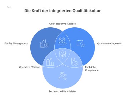  Infografik einer Qualitätskultur mit Facility Management als Schnittstelle zwischen Produktion und QM, getragen von der Führung im Rahmen eines PQS. 