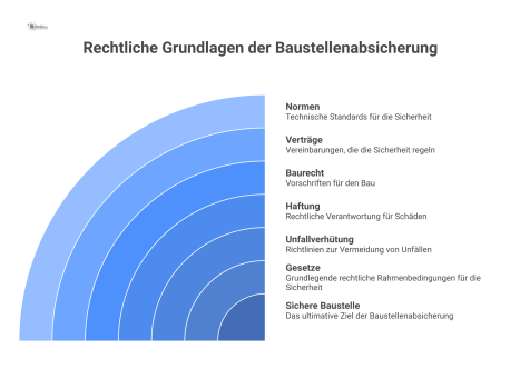 Infografik zu den rechtlichen Grundlagen der Baustellenabsicherung mit den Pfeilern Gesetze, Unfallverhütung, Haftung, Baurecht, Verträge und Normen.