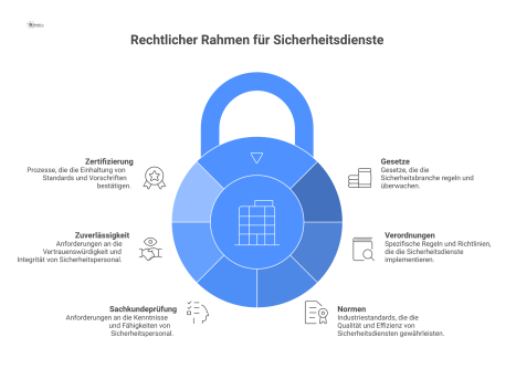  Infografik über den rechtlichen Rahmen für Sicherheitsdienste mit den Säulen Gesetze, Verordnungen, Normen und Anforderungen wie Sachkundeprüfung und Zertifizierung. 