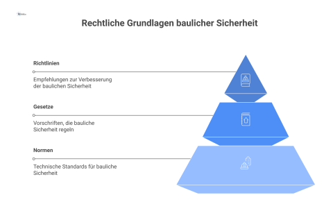 Netzwerkdiagramm, das die rechtlichen Grundlagen baulicher Sicherheit in den Bereichen Einbruchhemmung, Brandschutz und Fluchtwege visualisiert. 
