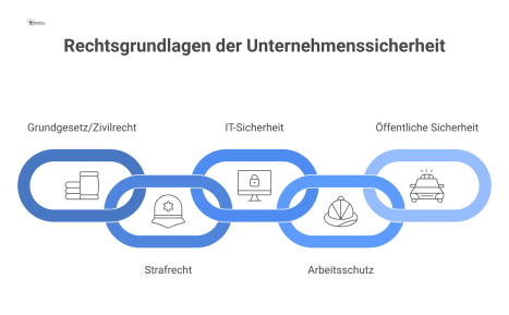Eine Mindmap zu den Rechtsgrundlagen der Unternehmenssicherheit mit den Hauptästen Zivilrecht, Strafrecht, IT-Sicherheit, Arbeitsschutz und öffentliche Sicherheit