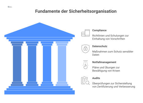  Infografik, die eine rechtskonforme Sicherheitsorganisation mit ihren vier Hauptsäulen zeigt: Compliance, Datenschutz, Notfallmanagement und Audits.