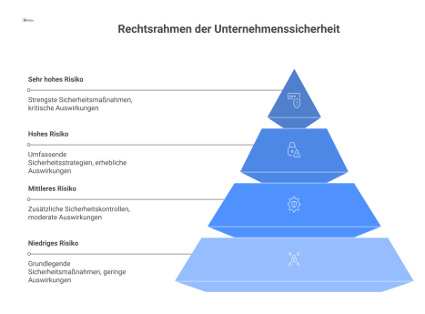 Infografik, die den Rechtsrahmen für Unternehmenssicherheit darstellt und Gesetze wie DSGVO mit Risikostufen für IT- und physische Sicherheit verknüpft.