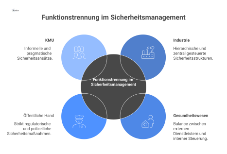 Infografik-Matrix, welche die Funktionstrennung im Sicherheitsmanagement für die vier Sektoren Industrie, Gesundheitswesen, Öffentliche Hand und KMU darstellt und vergleicht.
