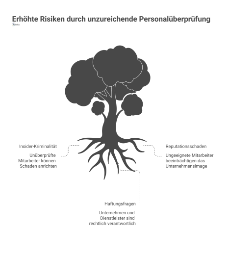 Eine Mindmap über die Risiken unzureichender Personalüberprüfung, mit Ästen zu Gefahren, komplexen Haftungsfragen und den besten Lösungsansätzen.
