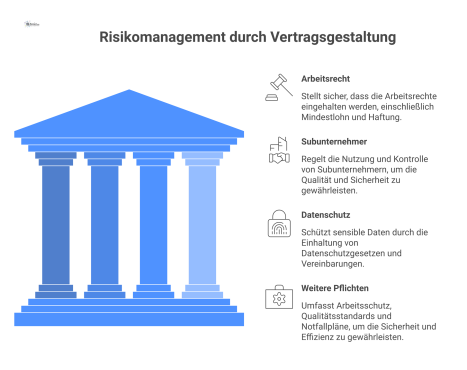 Diagramm zum Risikomanagement: Ein Schutzschild namens 'Vertrag' schützt den Auftraggeber, umgeben von den vier Säulen Arbeitsrecht, Subunternehmer, Datenschutz und Pflichten.