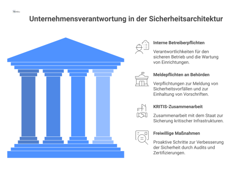 Infografik eines Unternehmens im Zentrum, umgeben von vier Verantwortungsbereichen: interne Pflichten, Meldepflichten an Behörden, KRITIS-Zusammenarbeit und freiwillige Maßnahmen.