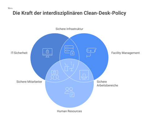 Ein Venn-Diagramm mit den drei Kreisen IT-Sicherheit, Facility Management und Human Resources, deren Schnittmenge eine erfolgreiche Clean-Desk-Policy darstellt.