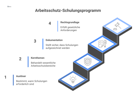 Infografik, die das Arbeitsschutz-Schulungsprogramm mit den vier Hauptbereichen Auslöser, Kernthemen, Dokumentation und Rechtsgrundlage darstellt.
