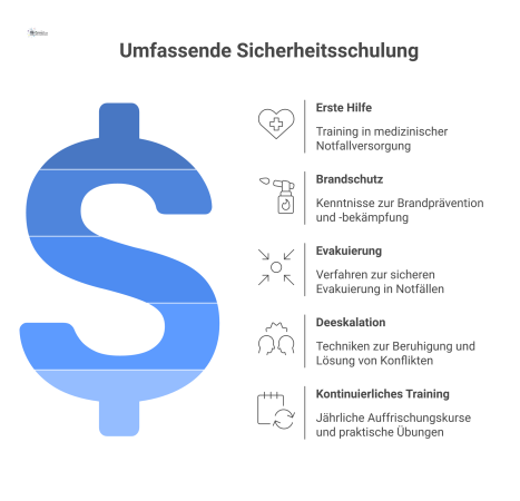 Infografik mit einem Schildsymbol im Zentrum, das vier Schulungsbereiche zeigt: Erste Hilfe, Brandschutz, Evakuierung und Deeskalation durch Icons. 