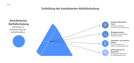  Infografik zur koordinierten Notfallschulung, die das Company Responder Team bei Szenarien wie Feuer und Sturm in Zusammenarbeit mit externen Helfern zeigt.