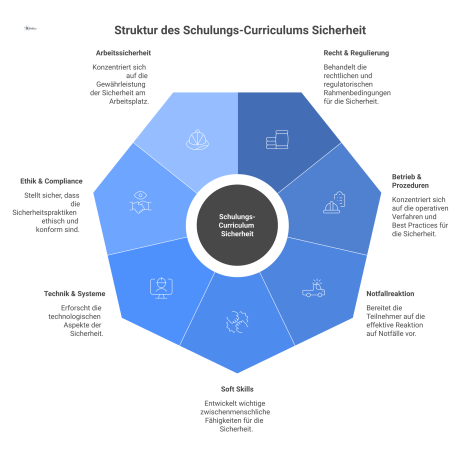 Eine Mindmap, die das Schulungs-Curriculum für Sicherheit visualisiert. Vom zentralen Knoten gehen sieben Äste zu den Hauptthemen ab.