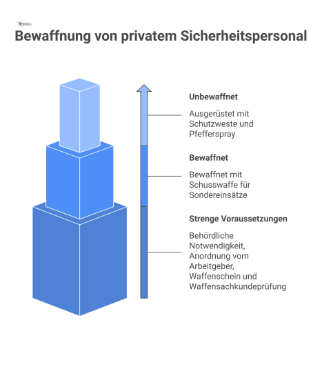  Pyramiden-Infografik zur Bewaffnung von Sicherheitspersonal, von der unbewaffneten Basis bis zur bewaffneten Spitze für Sondereinsätze nach strengen Voraussetzungen.
