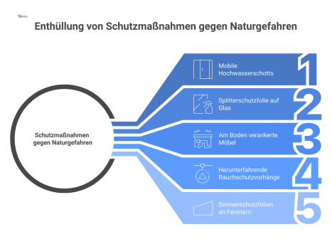 Querschnitt eines Empfangsbereichs mit visualisierten Schutzmaßnahmen gegen Naturgefahren wie Hochwasser, Sturm, Erdbeben, Brand und Hitze.