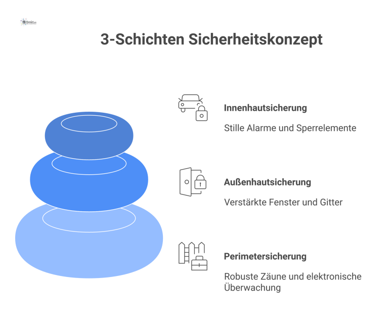 Infografik eines 3-schichtigen Sicherheitskonzepts für Gebäude, unterteilt in Perimetersicherung, Außenhautsicherung und Innenhautsicherung von außen nach innen. 