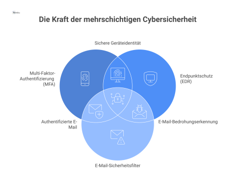  Infografik eines Cybersicherheits-Konzepts mit Unternehmensdaten im Kern, umgeben von vier Schutzschichten: MFA, EDR, E-Mail-Sicherheit und Patch-Management. 