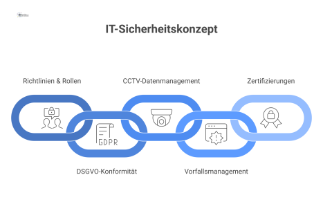 Diagramm eines IT-Sicherheitskonzepts mit einem zentralen Schild, das mit fünf Knoten verbunden ist: Richtlinien, DSGVO, CCTV, Vorfallsmanagement und Zertifizierungen. 