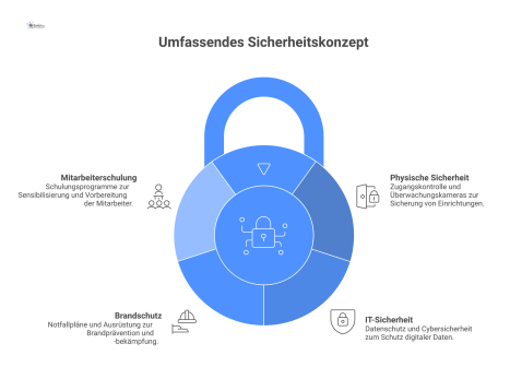 Infografik eines Sicherheitskonzepts, das sich in die vier Bereiche Physische Sicherheit, IT-Sicherheit, Brandschutz und Mitarbeiterschulung verzweigt. 