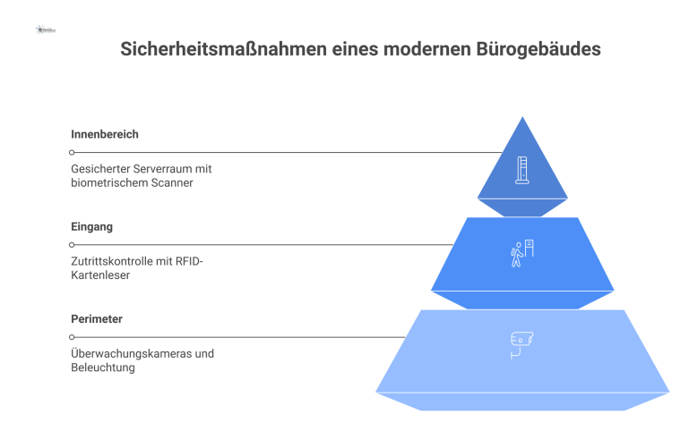 Diagramm der physischen Sicherheitsmaßnahmen mit drei Ebenen: Perimeter mit Kameras, Eingang mit Zutrittskontrolle und Innenbereich mit biometrischem Scanner.