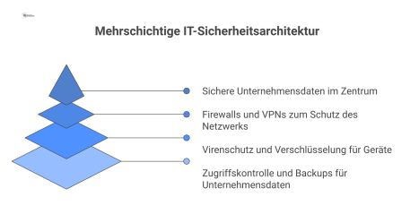 Konzentrisches Diagramm der IT-Sicherheit mit den Schichten Netzwerksicherheit, Endgeräteschutz und Datensicherheit, die Unternehmensdaten im Zentrum schützen. 