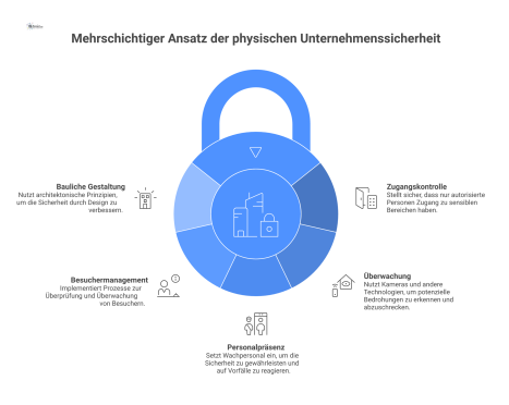 Diagramm mit konzentrischen Ringen, das den mehrschichtigen Ansatz der physischen Unternehmenssicherheit von Zugangskontrolle bis zur baulichen Gestaltung zeigt. 