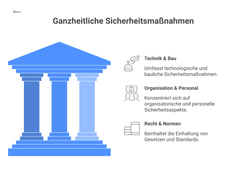 Ein Diagramm mit dem Fundament 'Ganzheitliche Sicherheit' und drei Säulen: Technik & Bau, Organisation & Personal und Recht & Normen. 