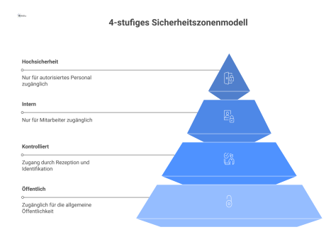 Diagramm eines 4-stufigen Sicherheitszonenmodells mit konzentrischen Kreisen von Öffentlich außen bis zum Hochsicherheitsbereich innen mit Kontrollsymbolen.