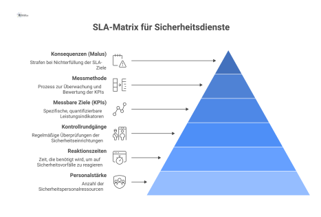 Visuelle SLA-Matrix für Sicherheitsdienste, die Leistungsbereiche wie Personalstärke und Reaktionszeiten mit KPIs, Messmethoden und Konsequenzen aufzeigt.
