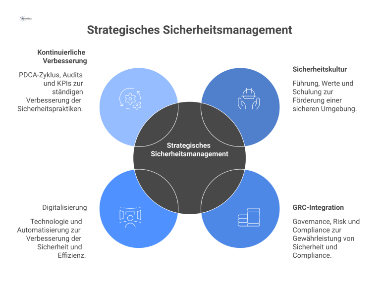 Strategisches Sicherheitsmanagement und seine Hauptbereiche Ein Diagramm mit 'Strategisches Sicherheitsmanagement' im Zentrum, verbunden mit den vier Hauptbereichen Sicherheitskultur, GRC-Integration, Digitalisierung und kontinuierliche Verbesserung.