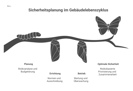 Zeitachsen-Infografik zur Sicherheitsplanung im Gebäudelebenszyklus, die die Phasen Planung, Errichtung und Betrieb sowie deren beeinflussende Faktoren darstellt. 