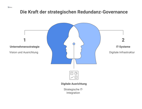 Diagramm zur strategischen Redundanz-Governance, das die Unternehmensstrategie über den drei Säulen IT-Systeme, Infrastruktur und Personal zeigt.