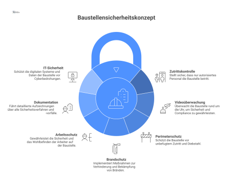 Infografik eines Baustellensicherheitskonzepts, das sieben zentrale Säulen wie Zutrittskontrolle und Brandschutz als ineinandergreifendes System mit Icons visualisiert.
