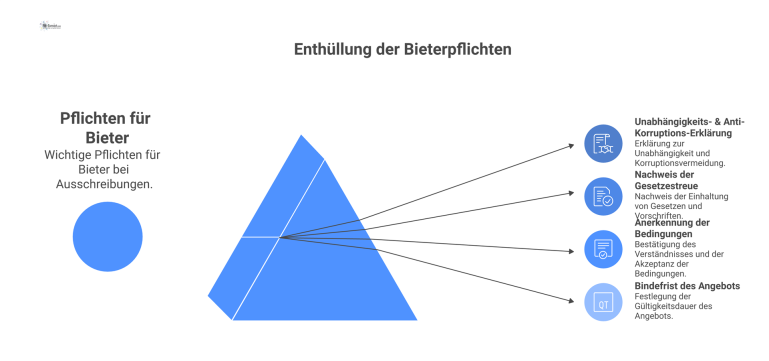 Checkliste: Pflichten für Bieter Infografik als Checkliste für Bieter, die mit Icons die notwendigen Dokumente, Erklärungen und die Angebots-Bindefrist darstellt.