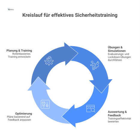 Kreislaufdiagramm mit vier Phasen für Sicherheitstraining: Planung, Übungen, Auswertung und Optimierung zur kontinuierlichen Verbesserung des Prozesses.